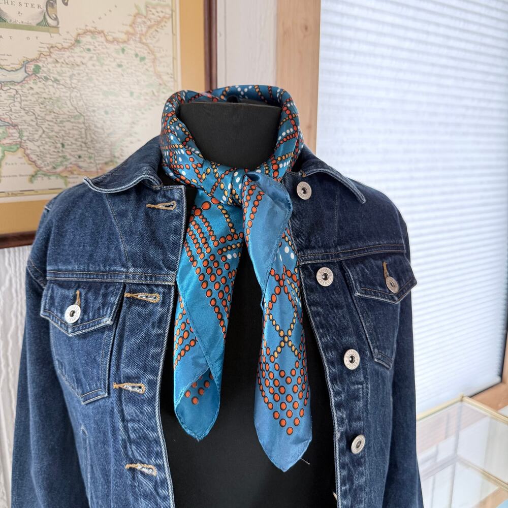 Vintage Hand-Rolled Mod Scarf - Blue/Orange Optical Geometric Circle Print - 26"